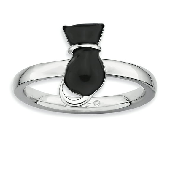 Sterling Silver Polished Black Enameled Cat Ring