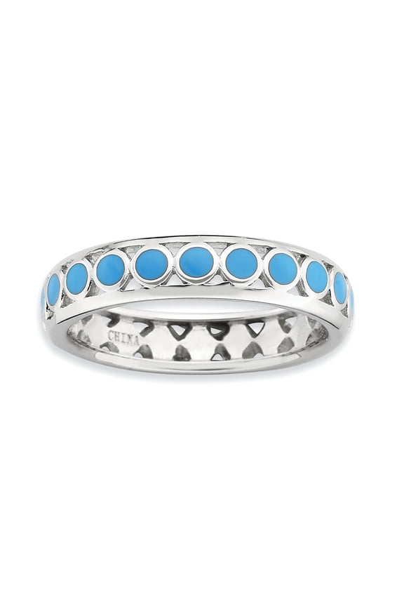 Sterling Silver Polished Blue Circles Enameled Ring