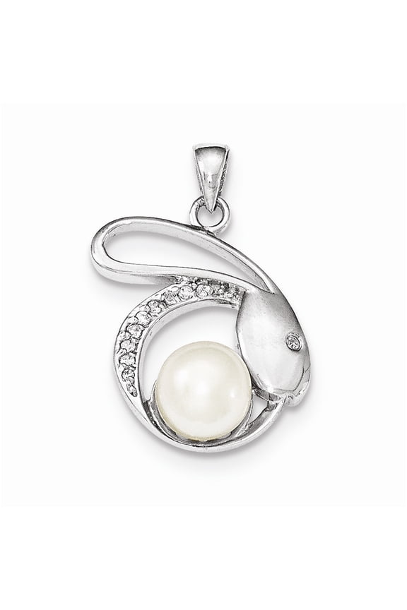 Sterling Silver Polished CZ & 8-9mm FW Cultured Pearl Rabbit Pendant Charm