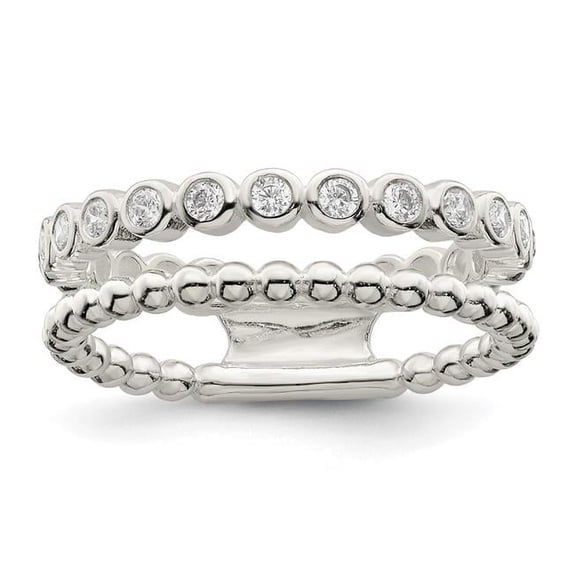 Sterling Silver Polished CZ Beaded Double Fancy Ring - Size 6