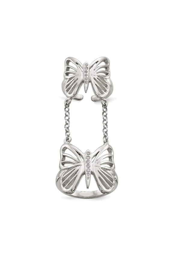 Sterling Silver Polished CZ Butterfly Double Finger Ring Size 7