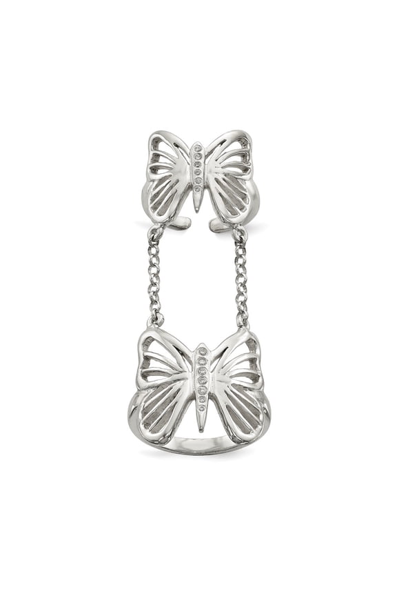 Sterling Silver Polished CZ Butterfly Double Finger Ring