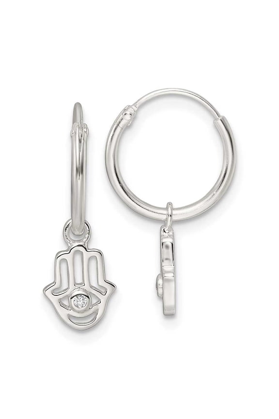 Finest Gold Sterling Silver Polished CZ Hamsa Dangle Endless Round Hoop Earrings