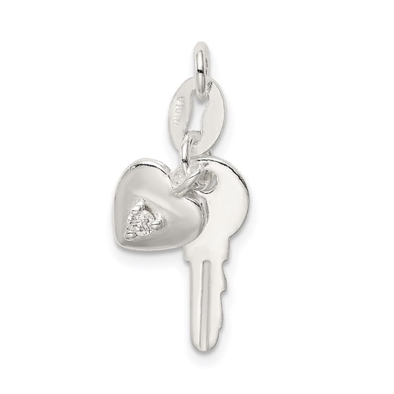 Sterling Silver Polished CZ Heart and Key Charm QC8511