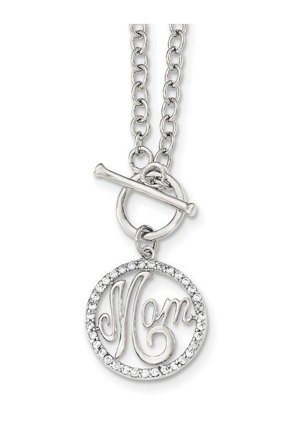 Sterling Silver Polished CZ Mom Necklace (Weight: 6.19 Grams, Length: 18 Inches)