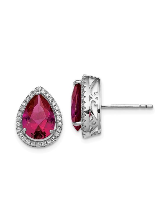 Sterling Silver Polished Created Ruby and Cubic Zirconia Post Earrings - Measures 14x11mm Wide