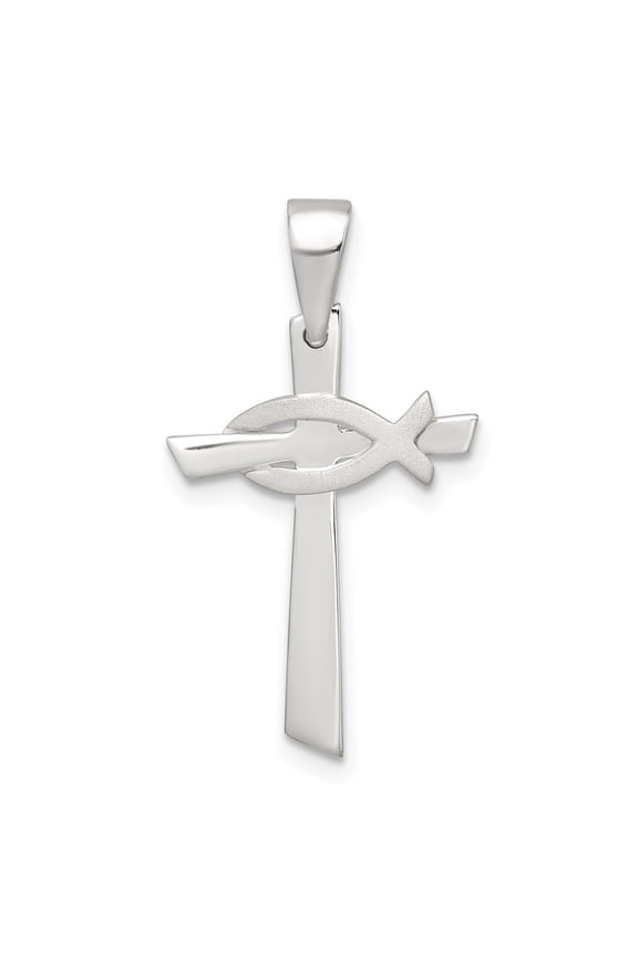 Sterling Silver Polished Cross with Brushed Ichthus Fish Pendant