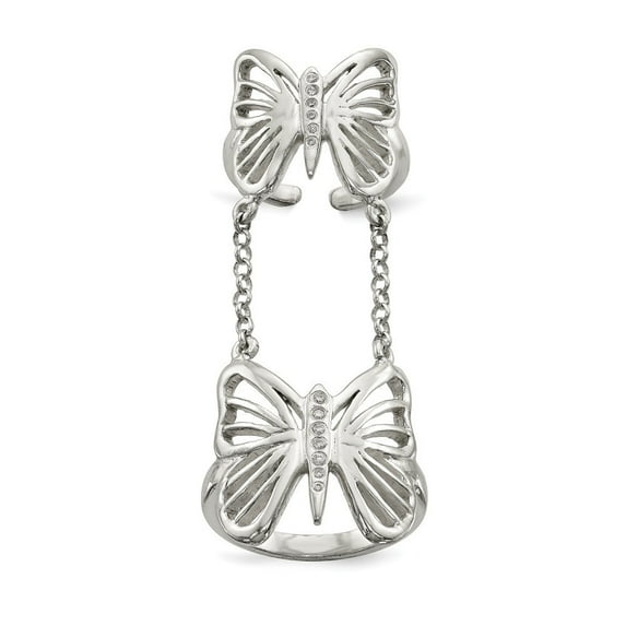 Sterling Silver Polished Cubic Zirconia Butterfly Double Finger Ring - Size 6 - Measures 2.4mm Wide