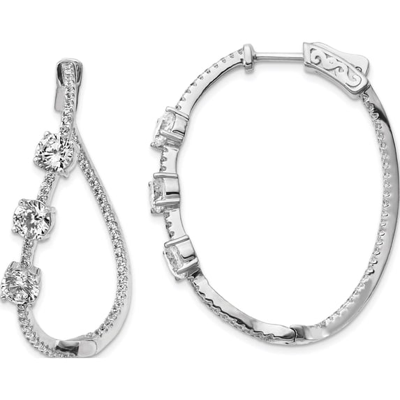 Sterling Silver Polished Curvy Round Cz In And Out Oval Hoop Earrings (36.39 X 30.87) Made Vietnam qe13027