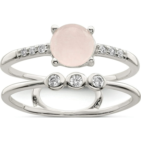 Sterling Silver Polished Cz And Pink Quartzite Double Ring (Size 6) Made In Thailand qr7337-6