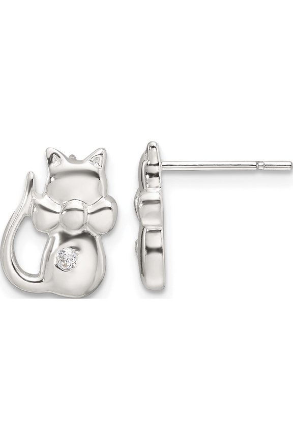 Sterling Silver Polished Cz Cat Earrings (Width 8.4) (Length 11.75) - Jbsp