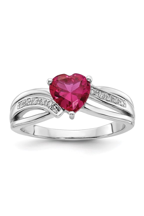 Sterling Silver Polished Diamond and Created Ruby Heart Ring