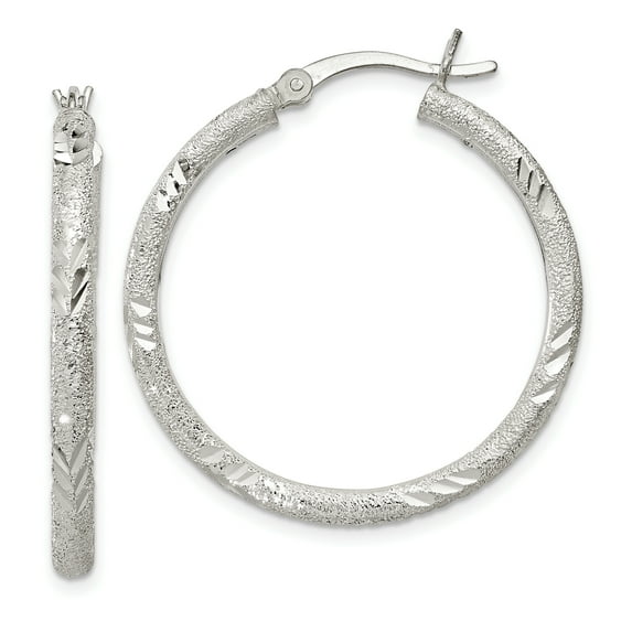 Sterling Silver Polished Diamond-cut Laser-cut Hinged Hoop Earrings