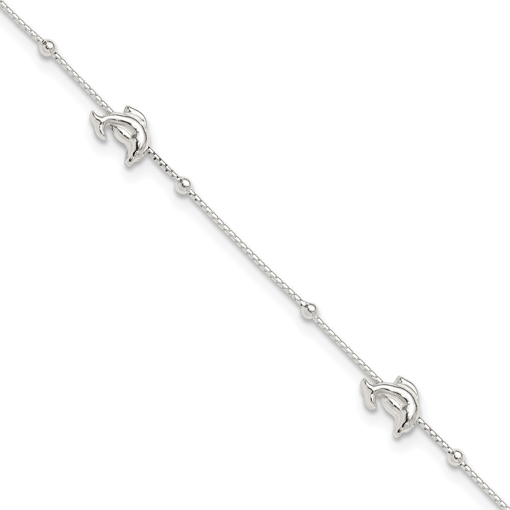 Sterling Silver Polished Dolphin 10in Plus 1in ext. Anklet