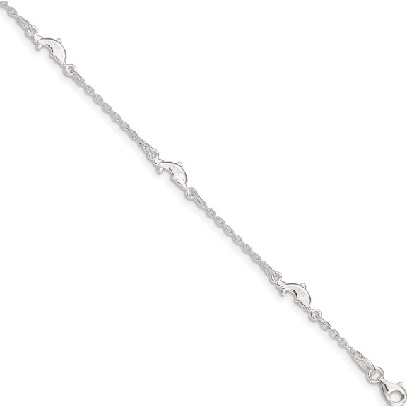 Sterling Silver Polished Dolphin 9In Plus 1In Ext. Anklet Made In India qg2783-9