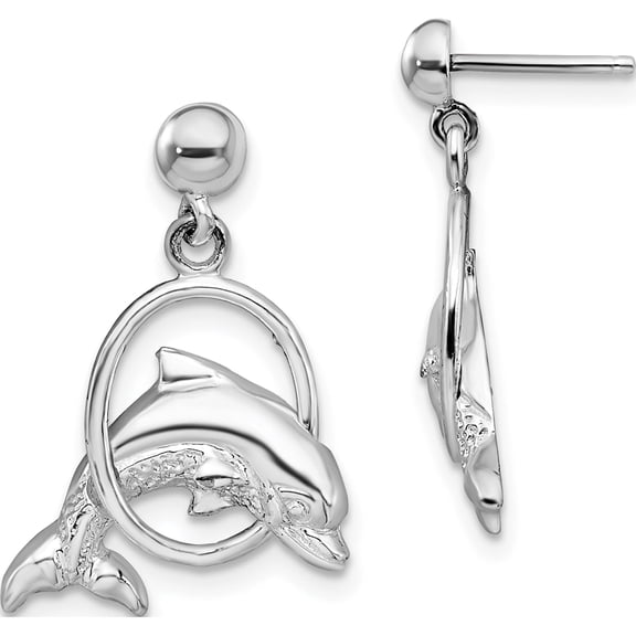 Jewelry by Sweet Pea De-Ani Sterling Silver Rhodium-Plated Dolphin in Hoop Dangle Post Earrings