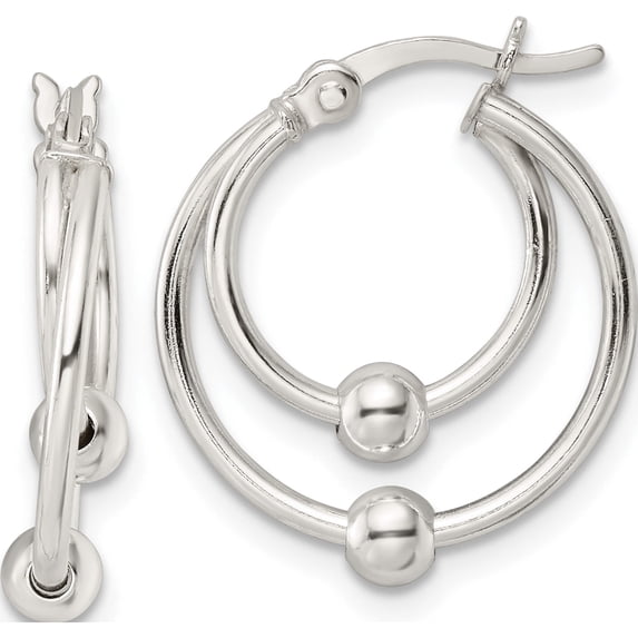 Sterling Silver Polished Double Circle Beaded Hoop Earrings (19.15 X 17.75) Made In India qe15900