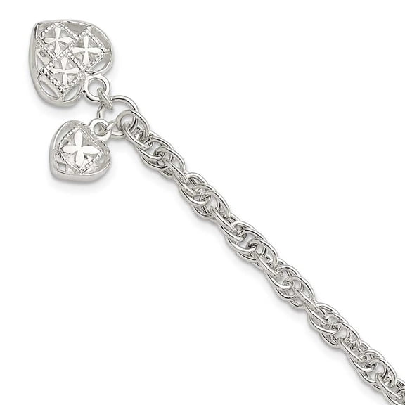 Sterling Silver Polished Double Heart Dangle Bracelet