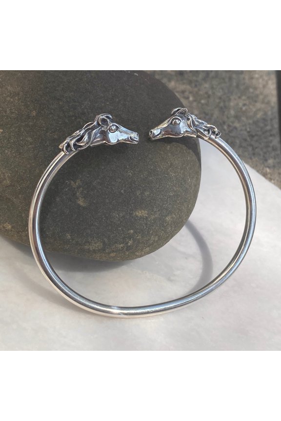 Sterling Silver Polished Double Horse Head Bangle Cuff Bracelet