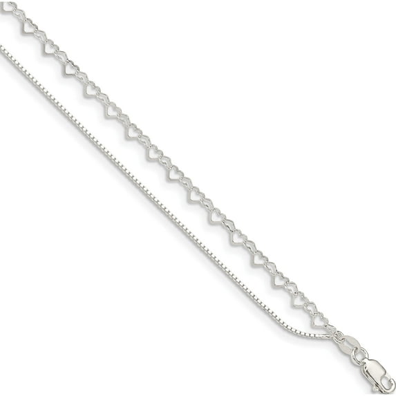 Sterling Silver Polished Double Strand Hearts 9In Plus 1In Ext Anklet (10 X 3.5) Made In Italy qg4756-9