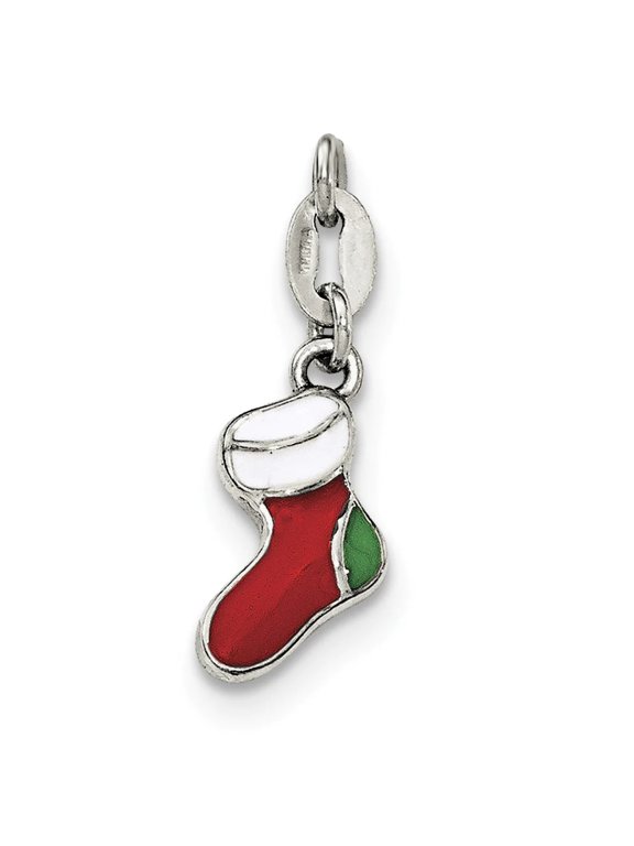 925 Sterling Silver Polished Enamel Christmas Stocking Charm 17.5x6.5mm Wide Pendant Necklace for Women