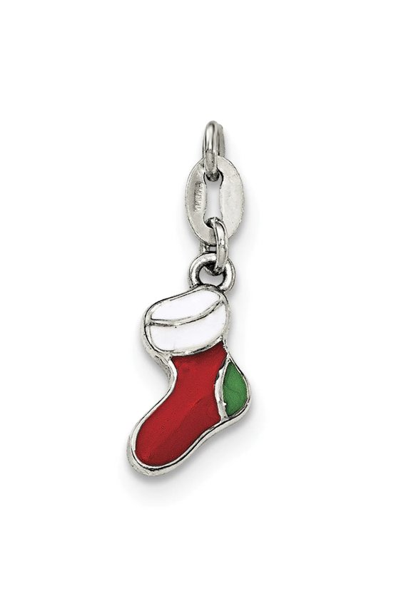 925 Sterling Silver Polished Enamel Christmas Stocking Charm 17.5x6.5mm Wide Pendant Necklace for Women