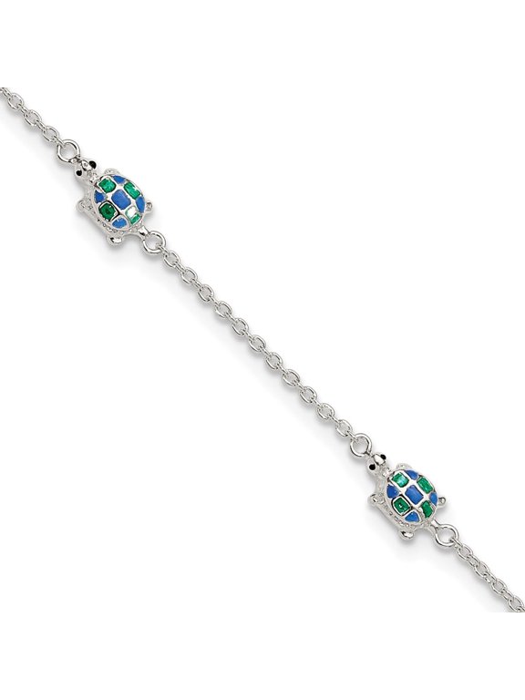 Sterling Silver Polished Enamel Turtle 10in Plus 1in ext Anklet