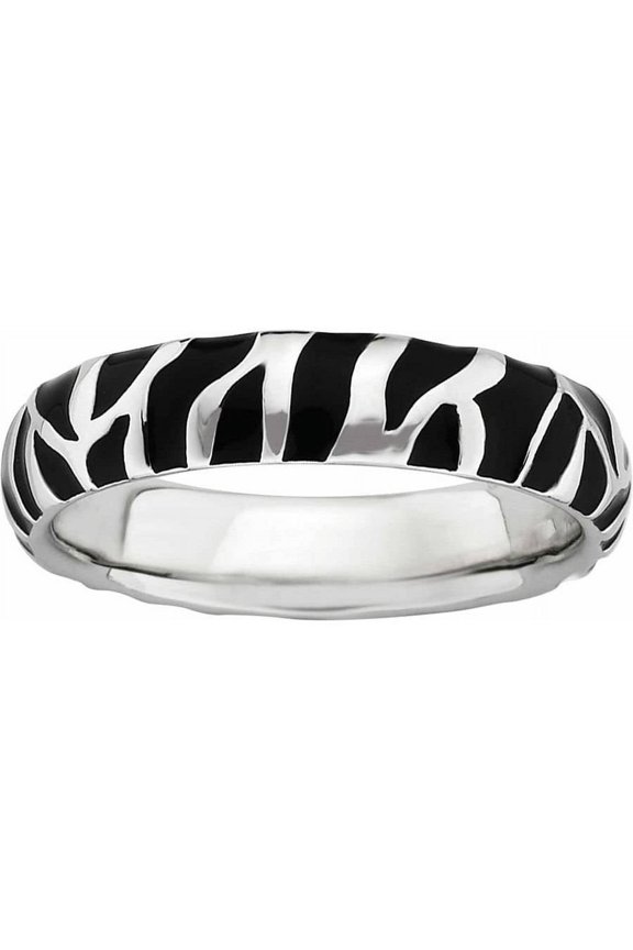 Sterling Silver Polished Enameled Animal Print Ring