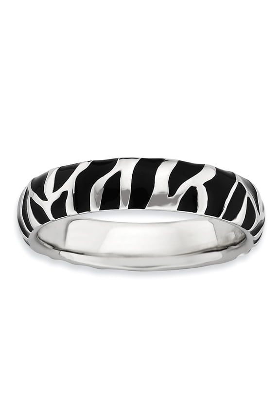 Sterling Silver Polished Enameled Animal Print Ring
