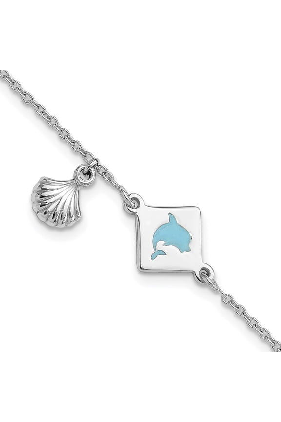 Sterling Silver Polished Enameled Dolphin Seashell 6in Bracelet