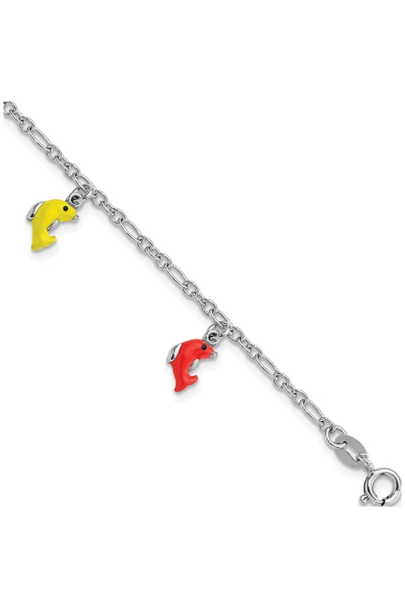 Sterling Silver Polished & Enameled Dolphins 's 6in Bracelet
