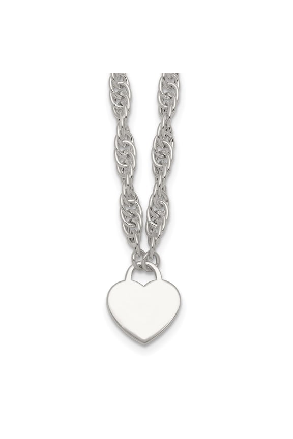 Sterling Silver Polished Fancy Engravable Heart Disc on Rope Chain 16 Inch with 2 Inch Extension Necklace 16 Inches