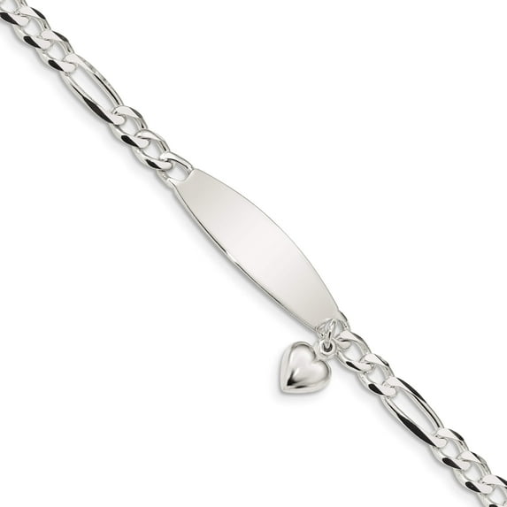 Sterling Silver Polished Figaro Id Heart Dangle Bracelet (7.5 X 5.25) Made In Italy qid214-7.5