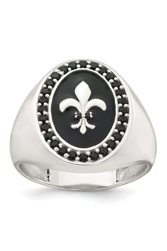 Sterling Silver Polished Fleur de Lis Black Enameled and Black Nano Crystals Size 10 Mens Signet Ring