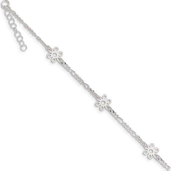 Sterling Silver Polished Flower 9In Plus 1In Ext. Anklet Made In India qg3180-9