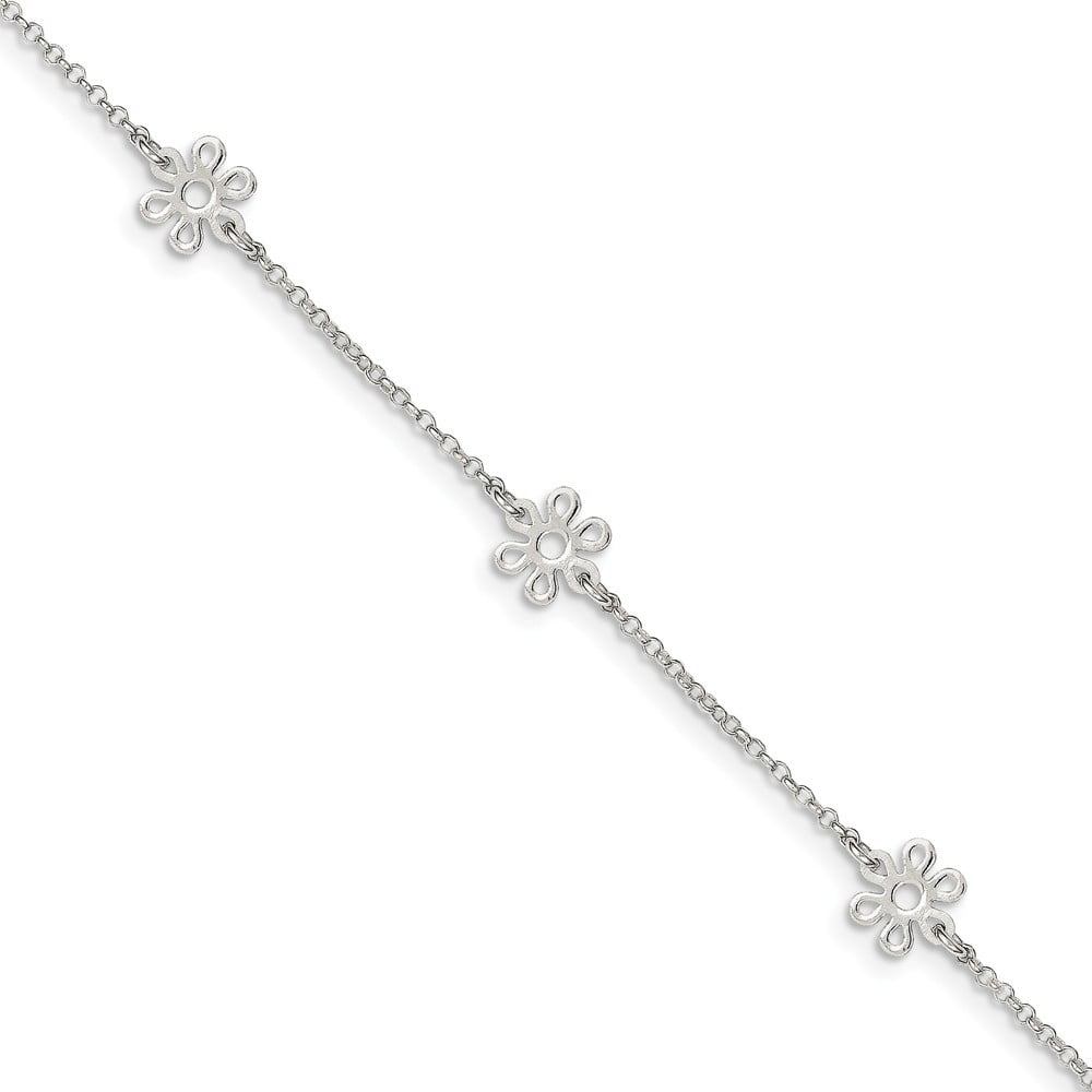 Sterling Silver Polished Flower With 1inch Ext. Anklet - 2.7 Grams - 9 Inch - Measures 8mm Wide