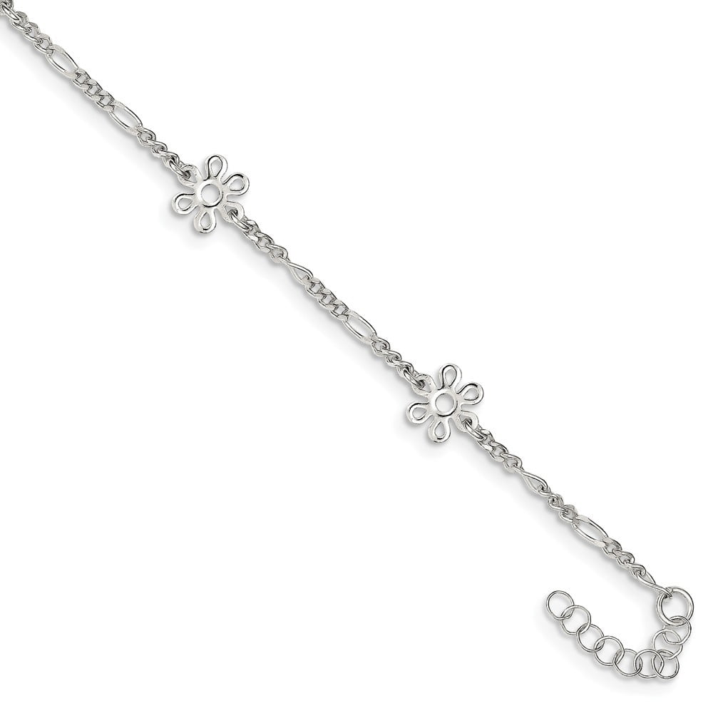 Sterling Silver Polished Flower With 1inch Ext. Anklet - 3.5 Grams - 9 Inch - Measures 8mm Wide