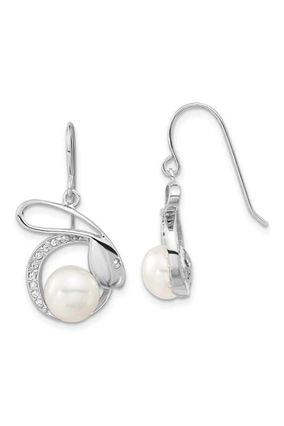 Sterling Silver Polished Freshwater Cultured Pearl & CZ Rabbit Dangle Earrings Sterling Silver Earrings