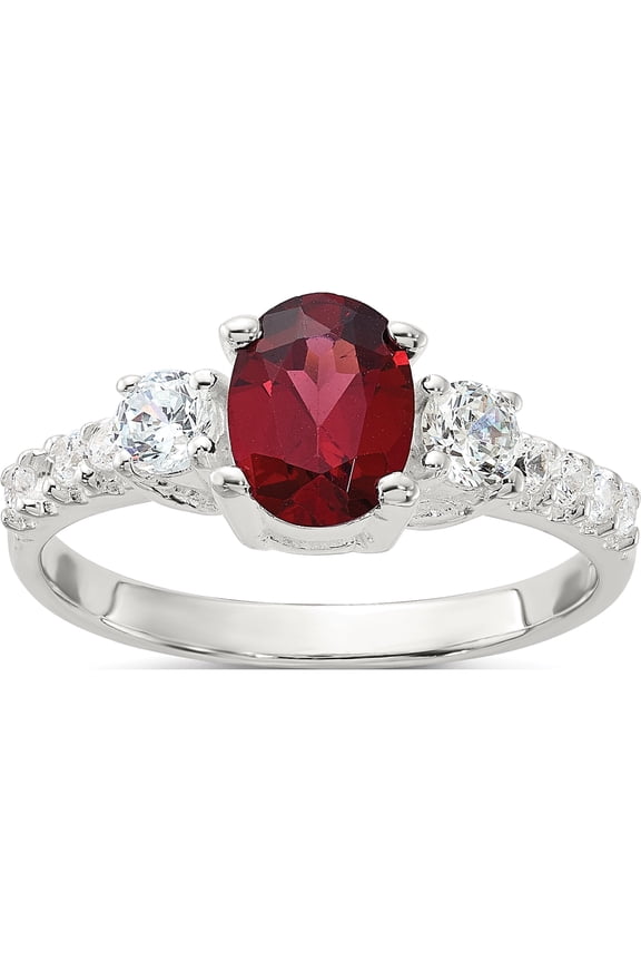 Sterling Silver Polished Garnet and CZ Ring