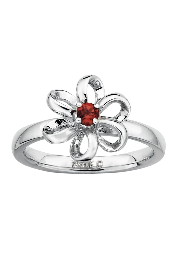 Sterling Silver Polished Garnet Flower Ring