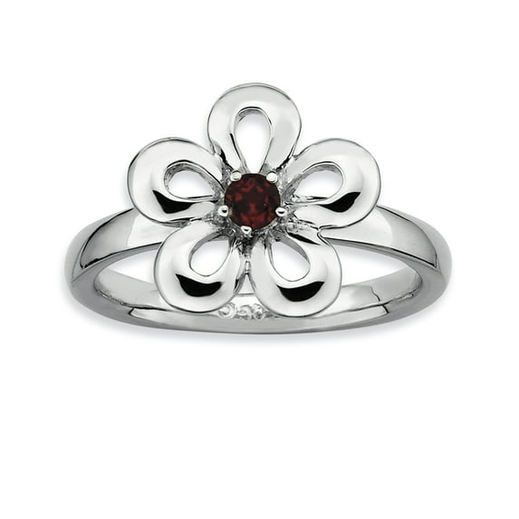 Sterling Silver Polished Garnet Flower Ring