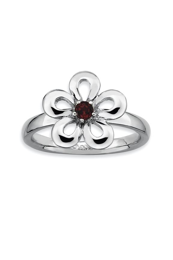 Sterling Silver Polished Garnet Flower Ring
