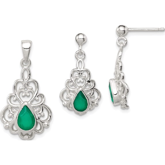 Sterling Silver Polished Green Agate Pendant And Post Earrings Set (24 X 12) Made In India qst251