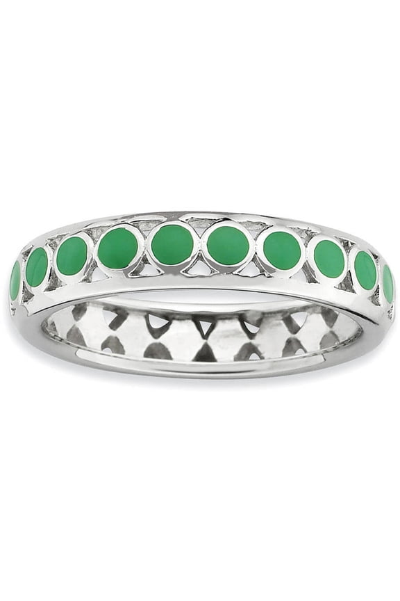 Sterling Silver Polished Green Circles Enameled Ring