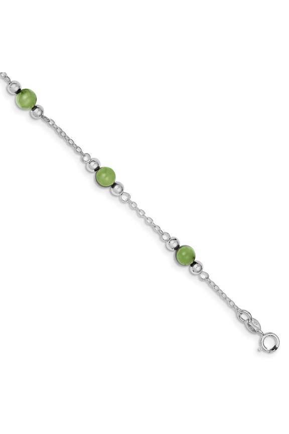 Sterling Silver Polished Green Dyed Jade Anklet - 9 Inch - Spring Ring - Measures 6mm Wide