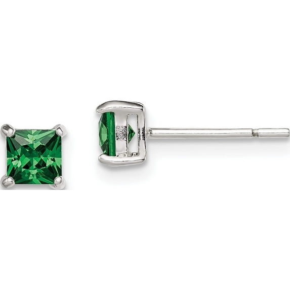 Sterling Silver Polished Green Glass Post Earrings (4 X 4) Made In India qe12366