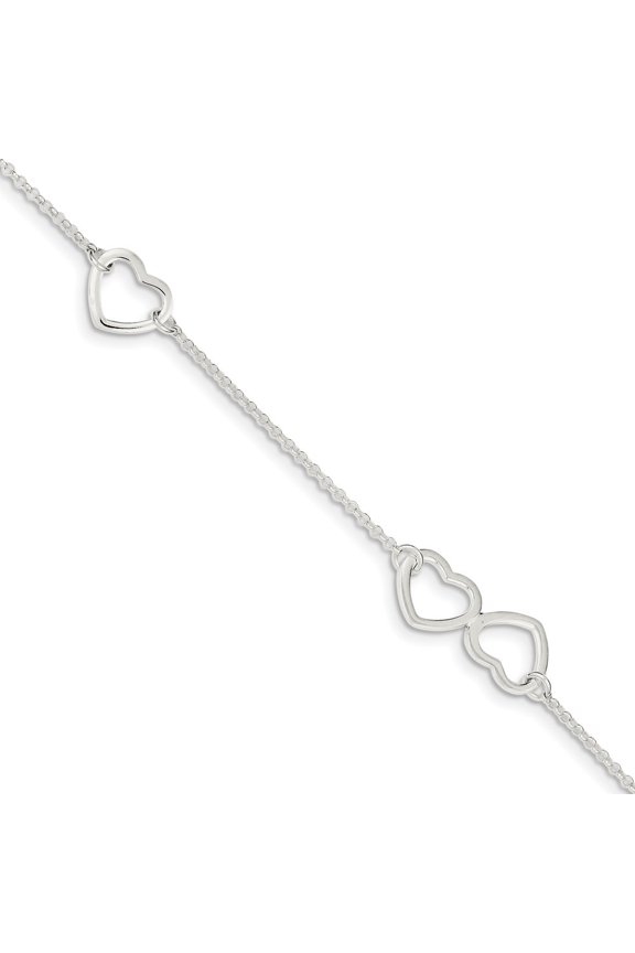 Sterling Silver Polished Heart With 1inch Ext. Anklet - 3.8 Grams - 9 Inch - Measures 12mm Wide