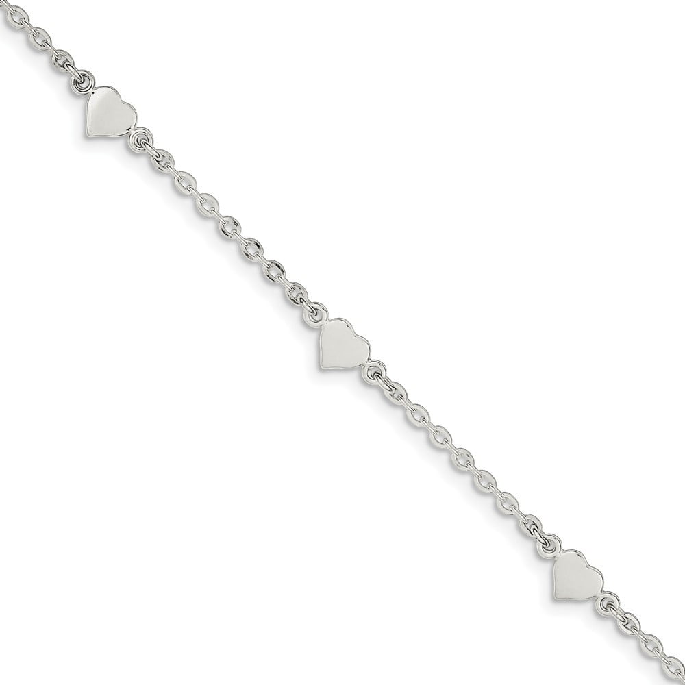Sterling Silver Polished Heart With 1inch Ext. Anklet - 4.5 Grams - 9 Inch - Measures 6mm Wide