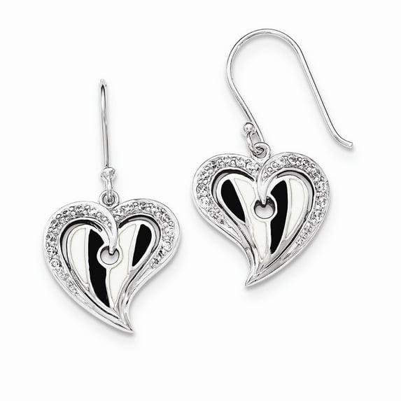 Sterling Silver Polished Heart With Black and White Enamel Cubic Zirconia Earrings - Measures 35x19m