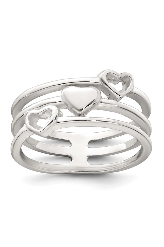 Sterling Silver Polished Hearts Three Band Size 8 Ring